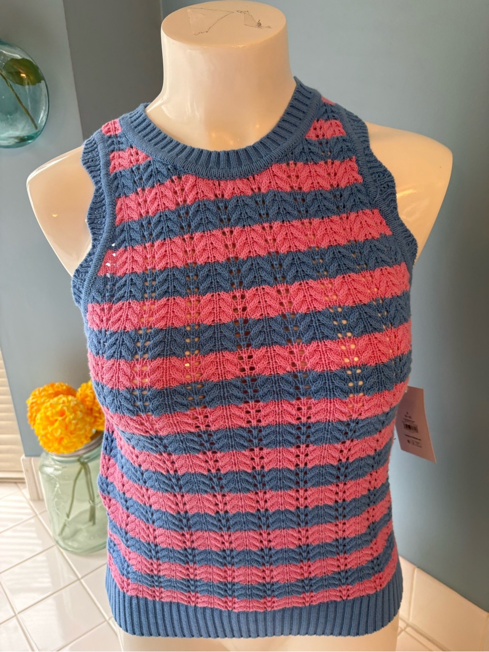 Free Assembly Women's Crochet Cotton Racerback Tank Top - Small pink blue stripe